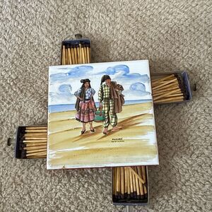 Vintage Handmade Coaster Match Holder Hand Painted Nazare Portugal Cigar Man